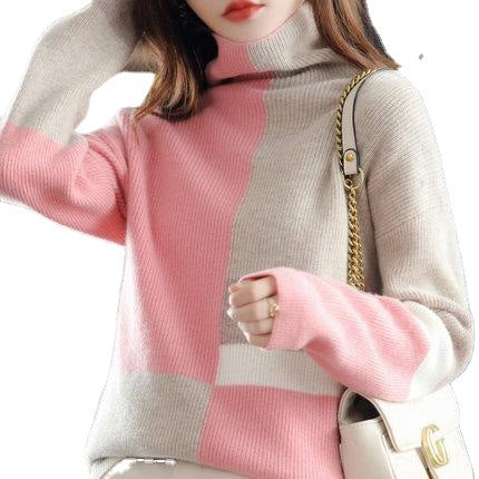 Autumn And Winter 2023 New High Collar Color Matching Loose Lazy Style Knitted Women's Sweater Women's Inner Base Shirt Top Trendy