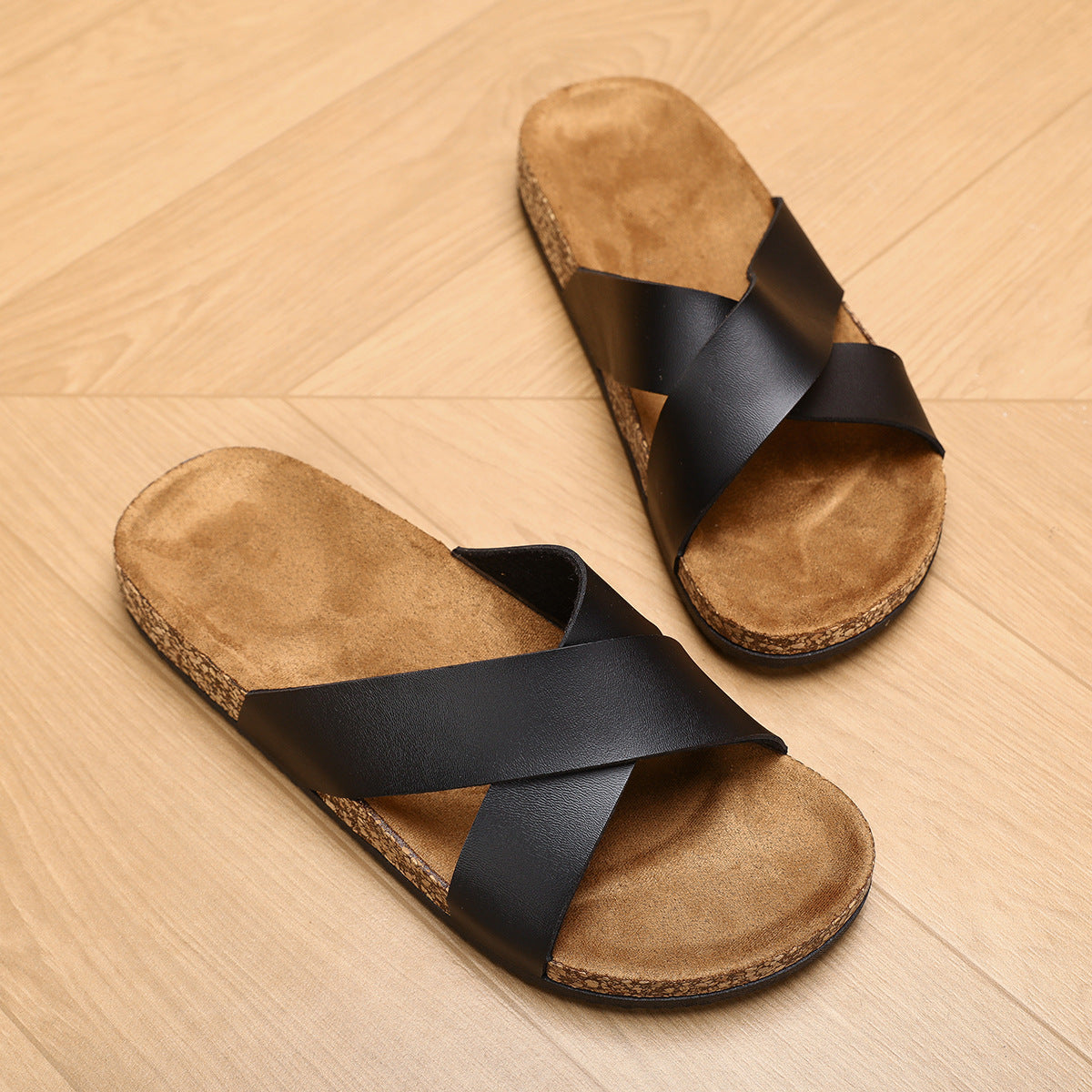 2025 Summer Cross Flat Sandals For Outerwear Casual Cork Sole Plaid Fashion Shoes Easiest For Match Men's Beach Shoes