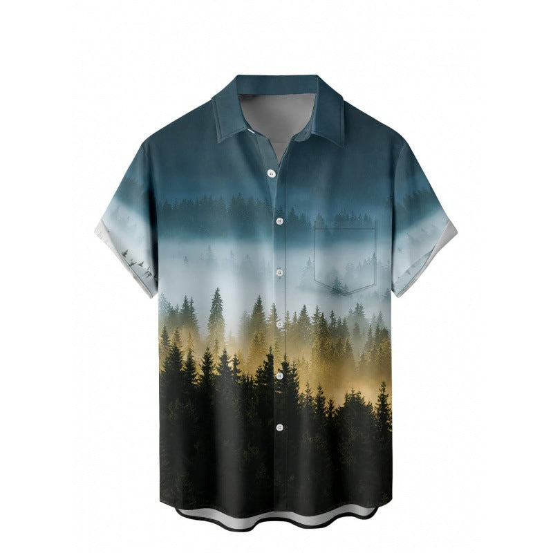 Hawaii Summer Hot Sale European And American Cross-Border Foreign Trade 3D Printed Men's Short-Sleeve Turn-Down Collar Pocket Shirt Direct Shipment