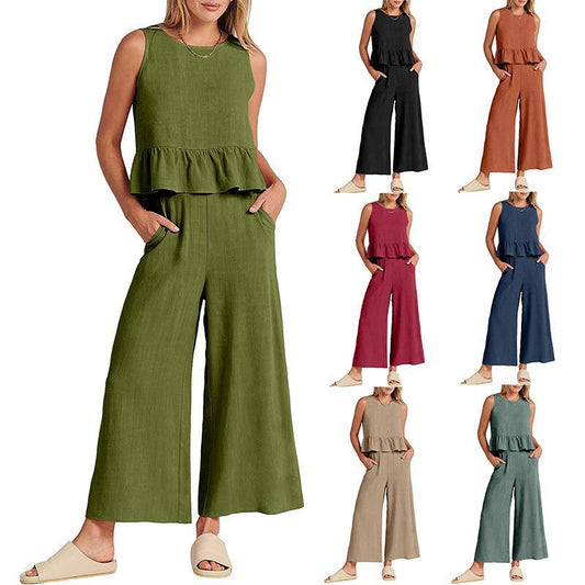 2025 Summer New European And American Export Women's Clothing Amazon Sleeveless Pleated Vest Wide-Leg Nine-Point Pants Casual Suit