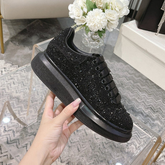 Rhinestone-Encrusted Black Diamond Star's New Same Style Height-Increasing Male And Female Couple Genuine Cowhide Platform Grai Mcqueen White Shoes Thick Soles