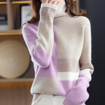 Autumn And Winter 2023 New High Collar Color Matching Loose Lazy Style Knitted Women's Sweater Women's Inner Base Shirt Top Trendy