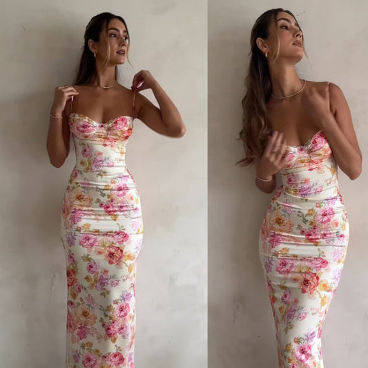Vacation Suspender Skirt French Flower Print Sexy Breast-revealing Dress European And American Elegant Fashion Long Skirt Dress Women