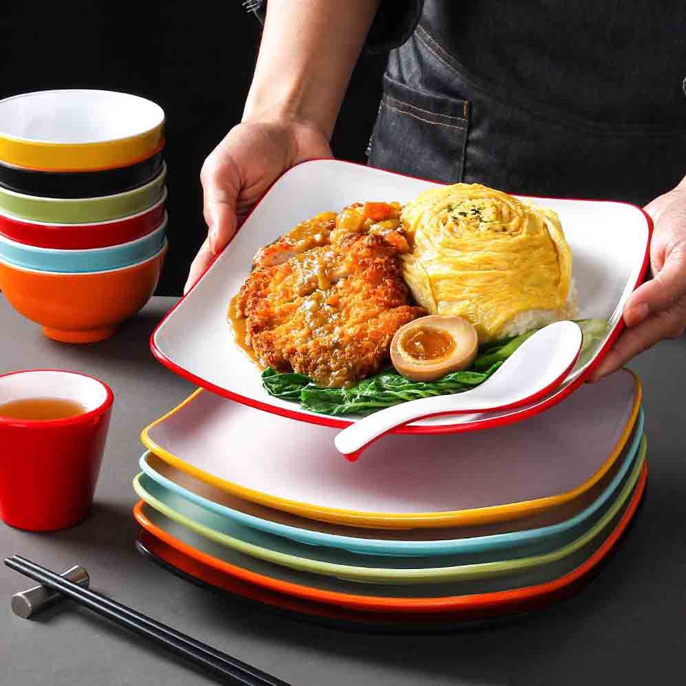 Melamine Covered Rice Plate Commercial Canteen Fast Food Restaurant Roast Meat Pork Feet Rice Braised Pork Rice Fried Rice Noodles Special Square Plate