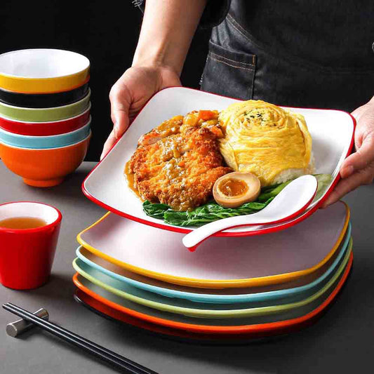 Melamine Covered Rice Plate Commercial Canteen Fast Food Restaurant Roast Meat Pork Feet Rice Braised Pork Rice Fried Rice Noodles Special Square Plate