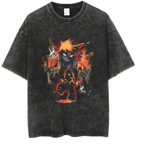 Washed Vintage T-Shirt Street Hip Hop Anime Dragon Ball Cartoon Printed Graphic Casual Cotton Summer Short Sleeve Street Tide