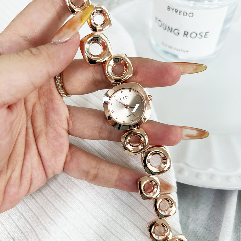 Goldie Light Luxury Irregular Bracelet Watch Temperament Artistic High-end Sense Quartz Watch Women's Outer Round Inner Alloy Watch