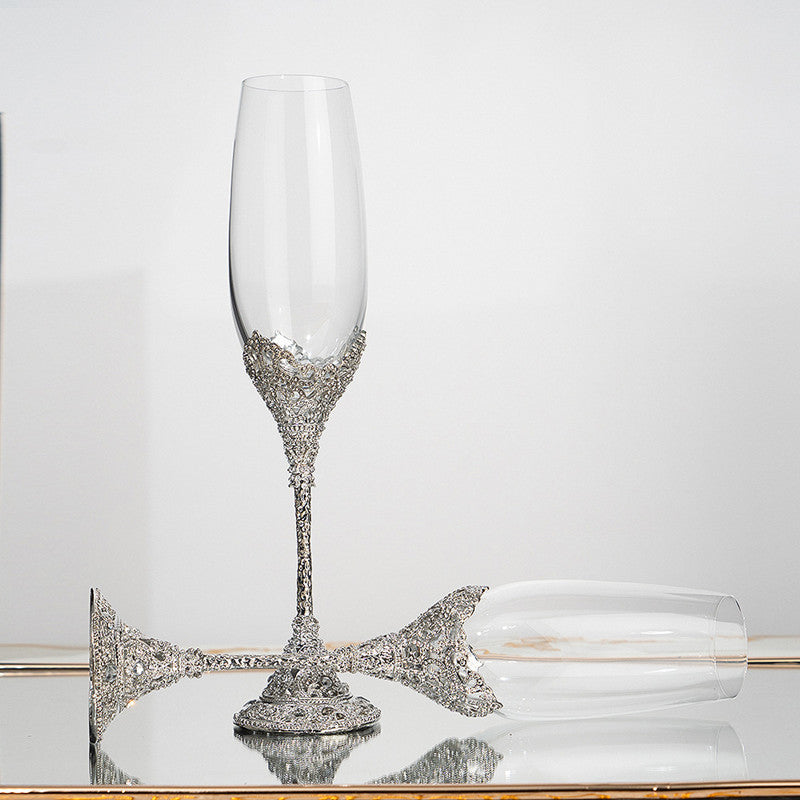 Cross-border Retro Hollow-out High-grade Champagne Mug Household Goblet Crystal Glass Wine Suit Luxury Gift Box