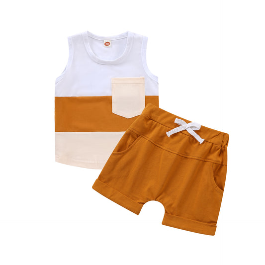 Foreign Trade Children's Short-sleeved Shorts Stitching Children's Suit Summer Solid Color Vest Striped Stitching