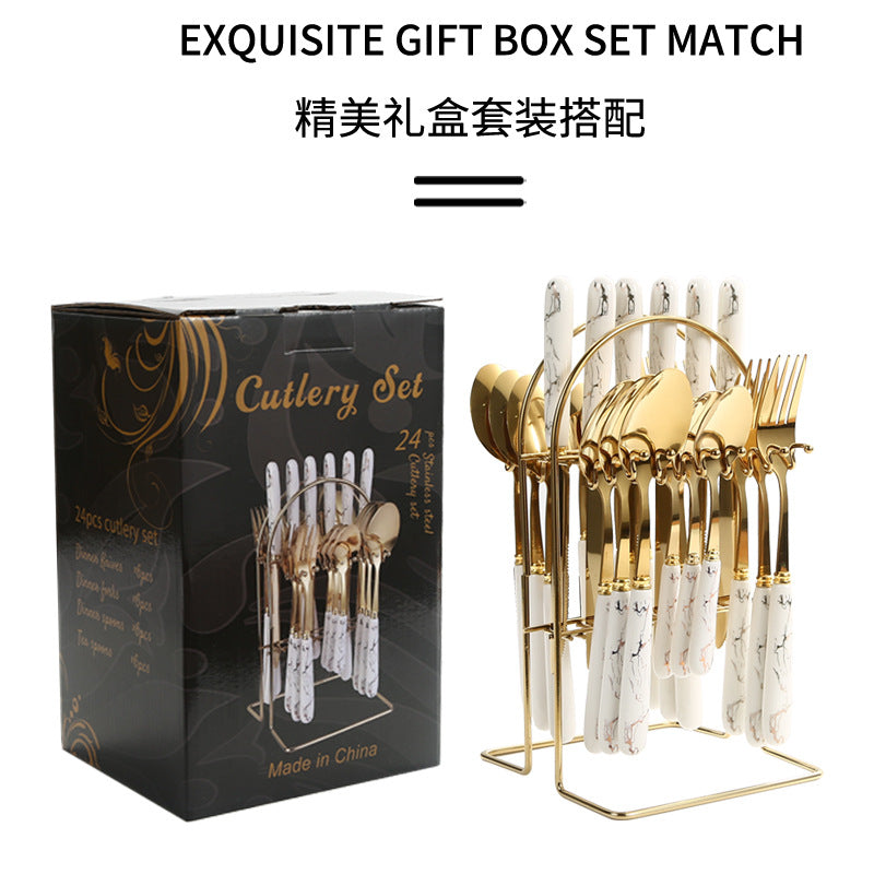 Amazon Cross-border Stainless Steel Tableware 24 Piece Set Marble Pattern Knife Fork Spoon Set Imitation Ceramic Handle Wholesale Ins
