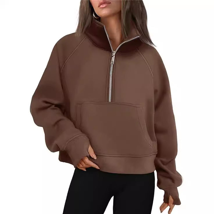 2023 European And American Cross-border Autumn And Winter New Women's Sports Half-zip Yoga Wear Loose Stand-up Collar Fleece-lined Sweatshirt