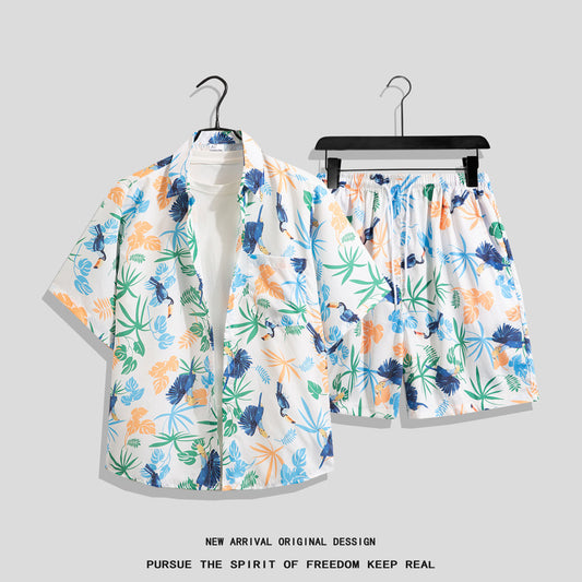 Ice Silk Beach Suit Men's Short-sleeved Flora Shirt Plus Size Loose Hawaiian Quick-drying Casual Shorts Couple's Suit