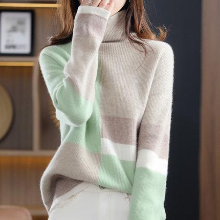 Autumn And Winter 2023 New High Collar Color Matching Loose Lazy Style Knitted Women's Sweater Women's Inner Base Shirt Top Trendy