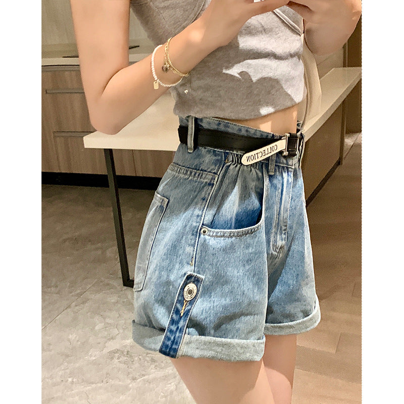 2023 Summer New Arrival High Waist Denim Shorts Women's Loose Curl Edge Flower Bud Wide Leg Pants All-Match Slim A- Line Hot Pants