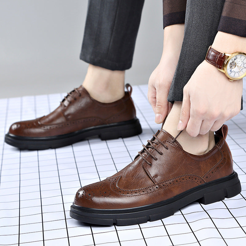 Brogue Carved Leather Shoes Men's Trendy Lace-Up Business Formal British Style Breathable Casual Groom's Wedding Shoes