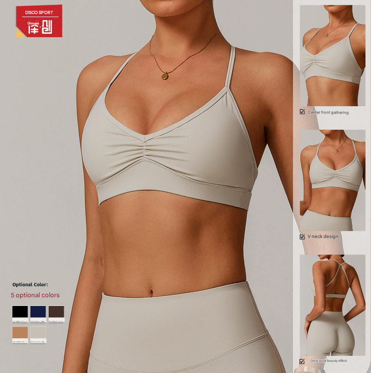 Zechuang Cross-border Quick-dry V-neck Yoga Bra Cross-back Pleated Underwear Running Sports Fitness Bra 9172