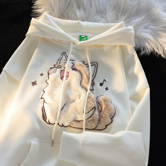 Cartoon Embroidered Hooded Sweatshirt Women Loose Pullover