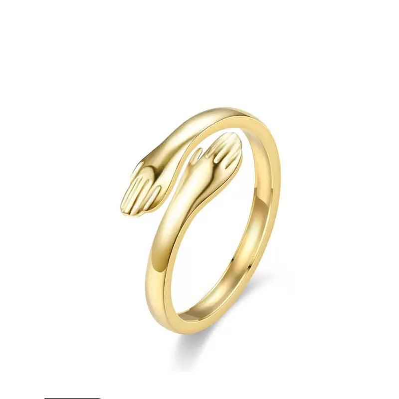 Adjustable S925 Sterling Silver Embracing Hands Ring for Women