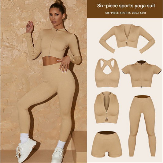 Ins New Yoga Clothing Beautiful Back Bra Zipper High Collar Vest Long Sleeve Short Sleeve Sports Pants Six Piece Set For Women