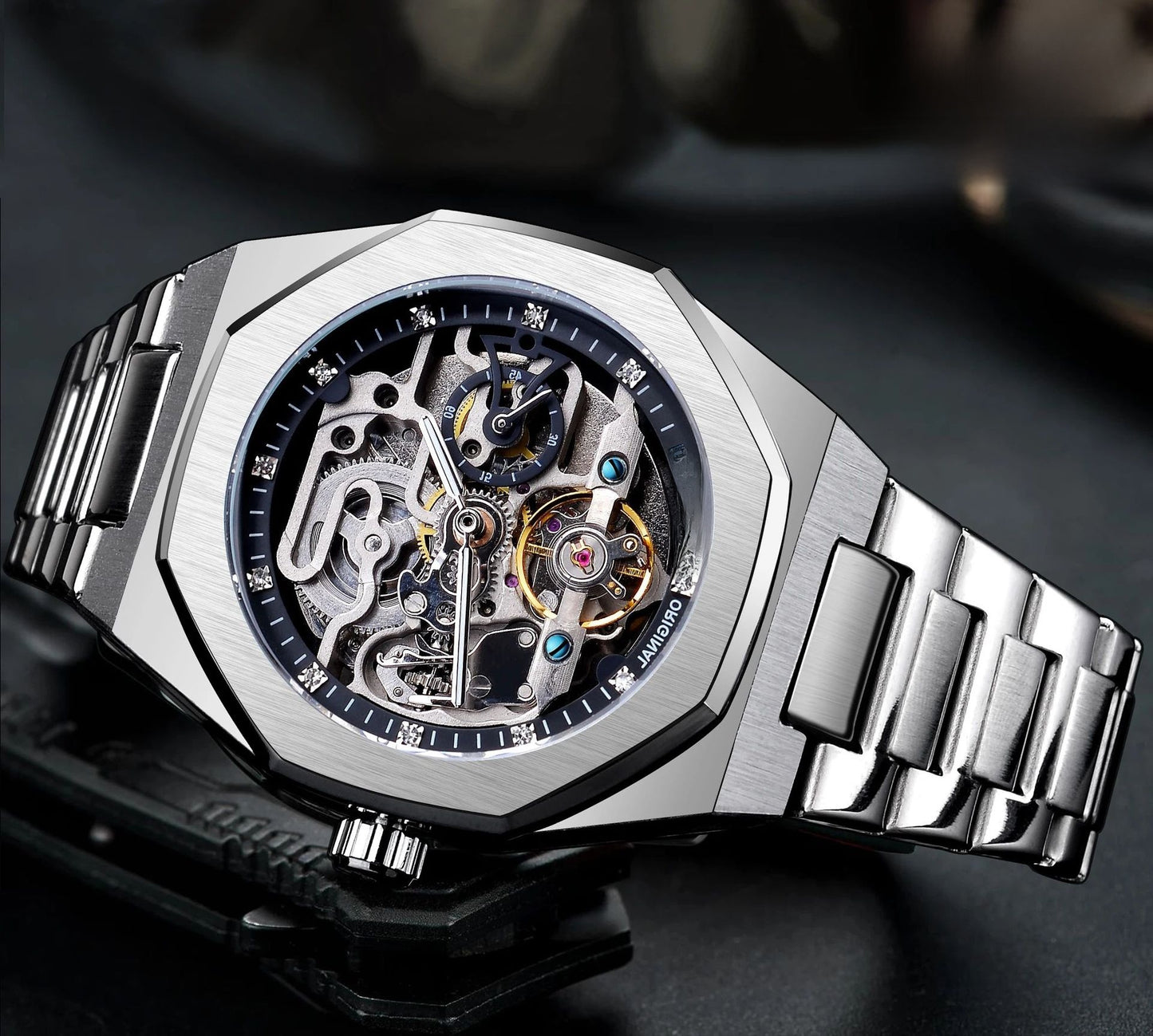 Men's fashionable skeletonized mechanical watch