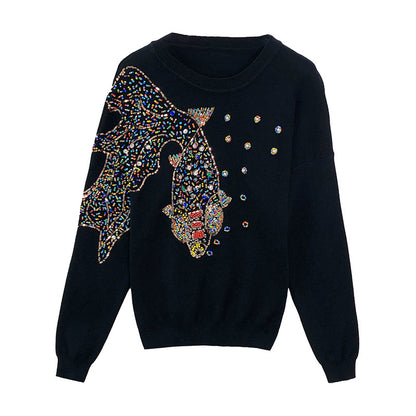 Autumn Female Brand Designer Fashionable High Street New Pullovers Round Neck Cable Knit Goldfish Bead Sweater