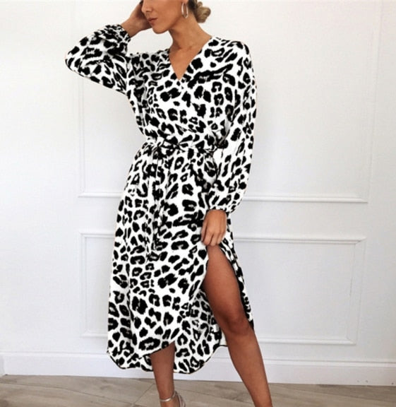 Women Wrap Leopard Printed Boho Long Maxi Dress Casual Bandage Bodycon Long Sleeve V Neck Loose Club Wear Dresses