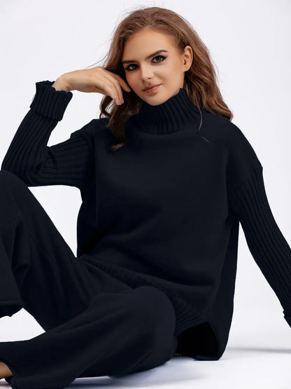 High- Low Turtleneck Long Sleeve Top and Pants Sweater Set