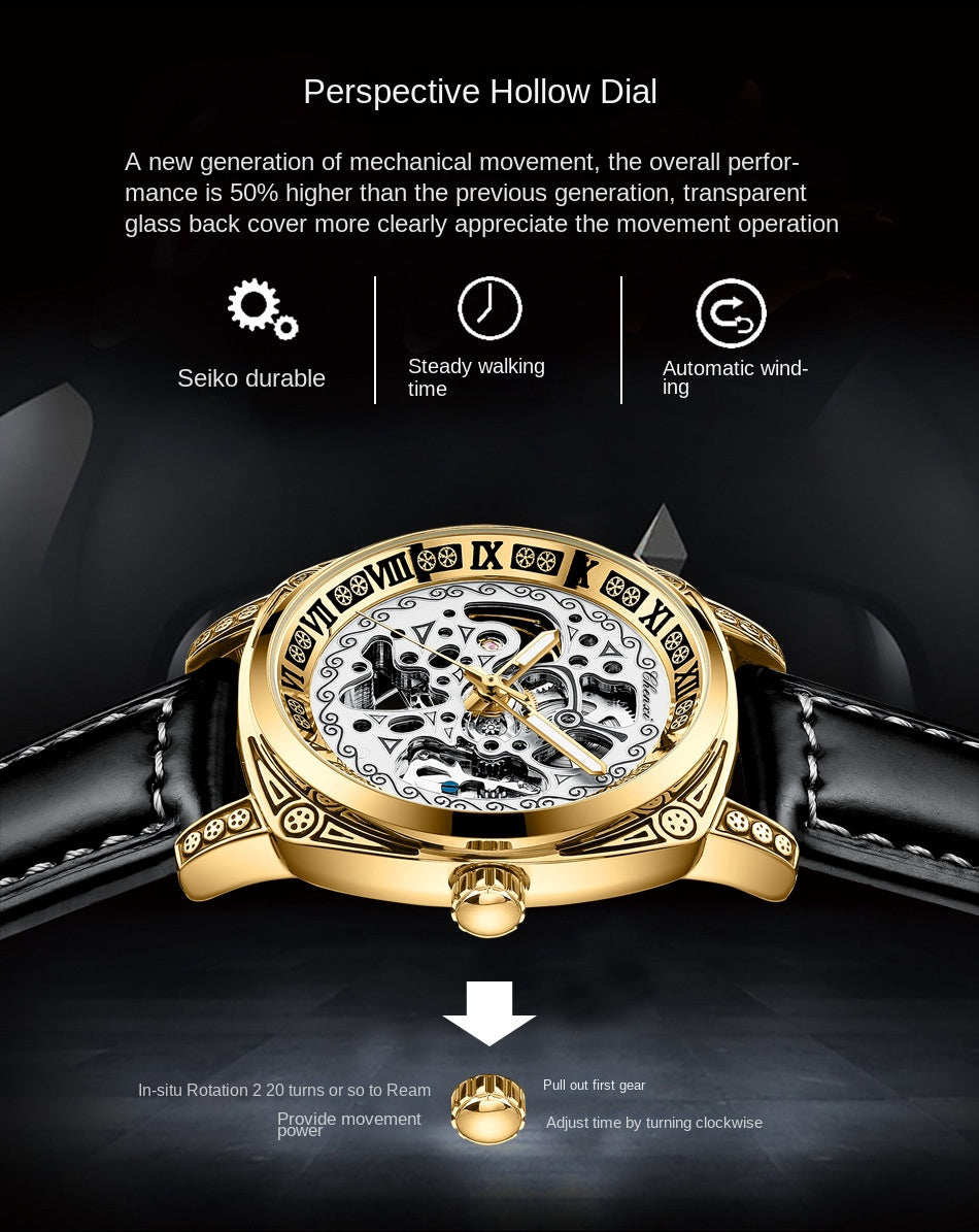 Vintage Engraved Mechanical Watch Men's Leather Waterproof Hollow-Out Fashion Style Men's Watch