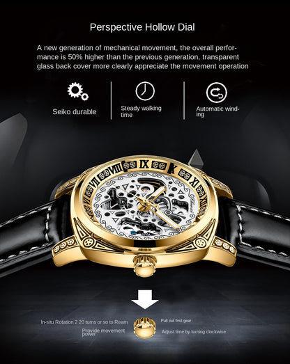 Vintage Engraved Mechanical Watch Men's Leather Waterproof Hollow-Out Fashion Style Men's Watch