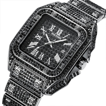 Hip Hop Iced Out Men Watch Square Diamond Quartz Luxury Mens Wrist Watches Gold Roman Calendar Steel Clock Relogio Masculino