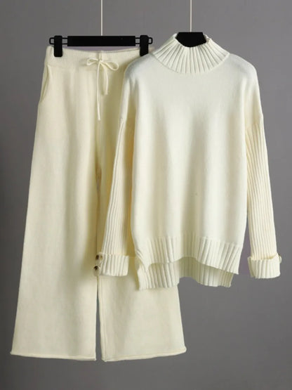 High- Low Turtleneck Long Sleeve Top and Pants Sweater Set