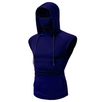 Mens Mask Button Sports Vest Hooded Splice Large Open-Forked Male Vest
