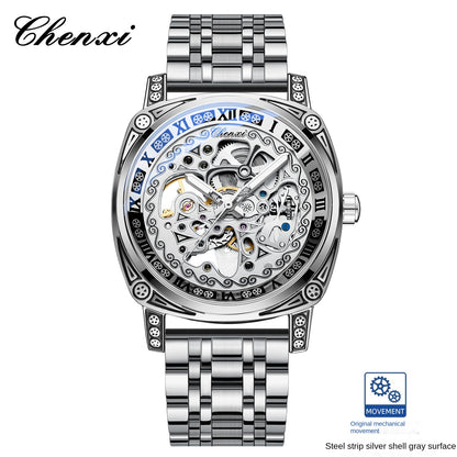 Vintage Engraved Mechanical Watch Men's Leather Waterproof Hollow-Out Fashion Style Men's Watch
