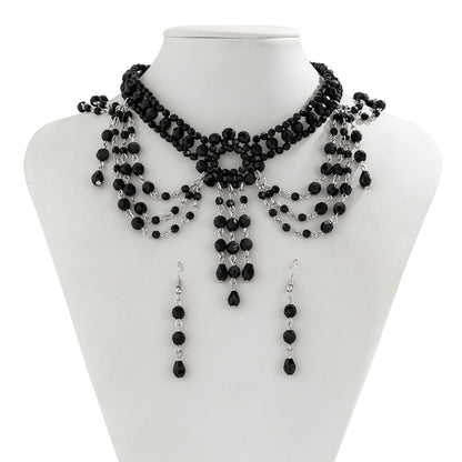 Gothic style beaded woven crystal choker set, female personality, dark tassel collar accessory