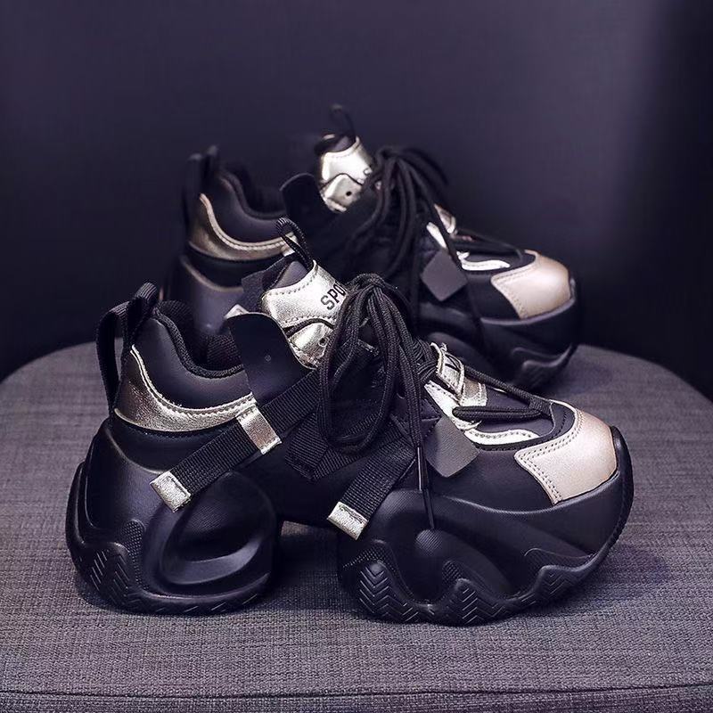 Women's Black Gold Contrast Casual Sneakers with Thick Sole