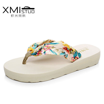 Summer New Beach Slippers Women's Outer Wear Flip-flops Mid-heel Non-slip Bohemian Sandals