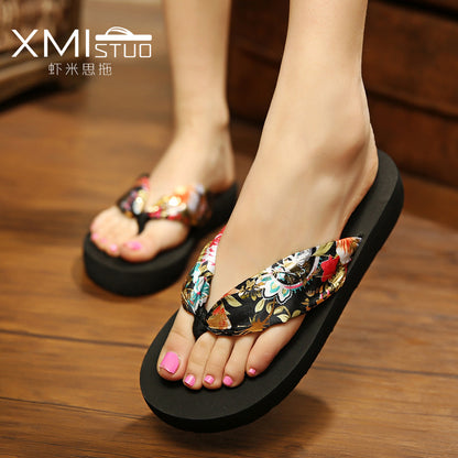 Summer New Beach Slippers Women's Outer Wear Flip-flops Mid-heel Non-slip Bohemian Sandals
