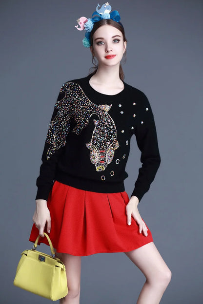 Autumn Female Brand Designer Fashionable High Street New Pullovers Round Neck Cable Knit Goldfish Bead Sweater
