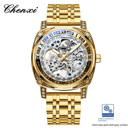 Vintage Engraved Mechanical Watch Men's Leather Waterproof Hollow-Out Fashion Style Men's Watch