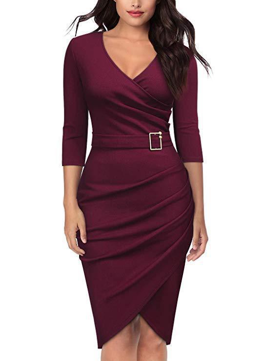 2023 Spring And Autumn New Cross-Border Amazon European And American Three-Quarter Sleeve V Neck Office Dinner Party Dress Women's Clothing