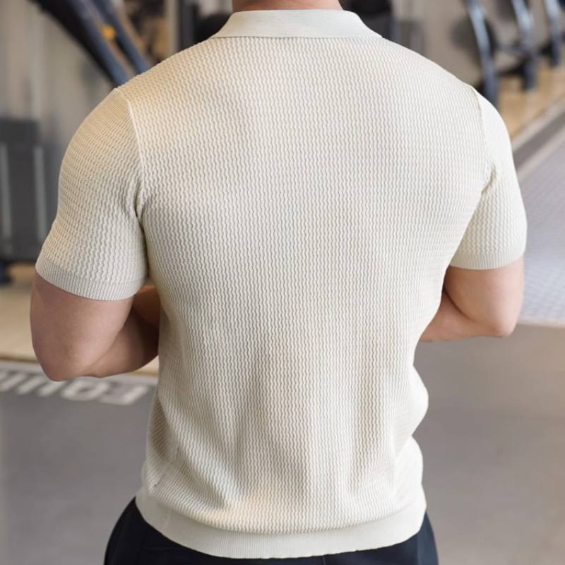 Summer Knitted Shirt Short Sleeve T-shirt Loose Collar Solid Color Top