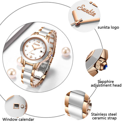 Sunkta Fashion Women's Watch Rose Gold Women's Watch Creative Waterproof Quartz Women's Watch