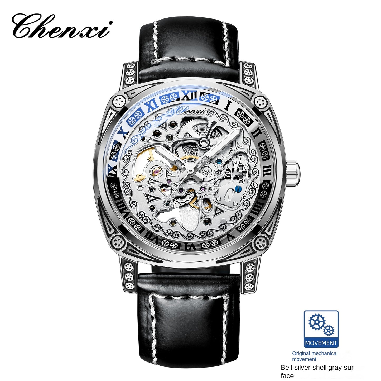 Vintage Engraved Mechanical Watch Men's Leather Waterproof Hollow-Out Fashion Style Men's Watch