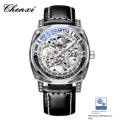 Vintage Engraved Mechanical Watch Men's Leather Waterproof Hollow-Out Fashion Style Men's Watch