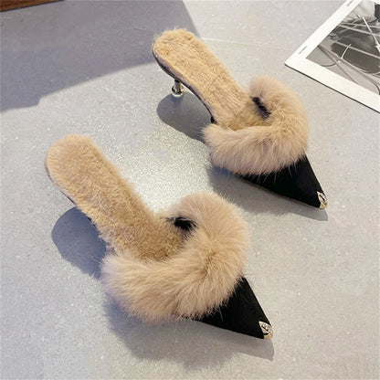 Women High Heel Shoes  Fur Slippers Mules Pointed Toe Furry Slides Fashion Elegant Luxury Designer Flip Flops Office Pumps