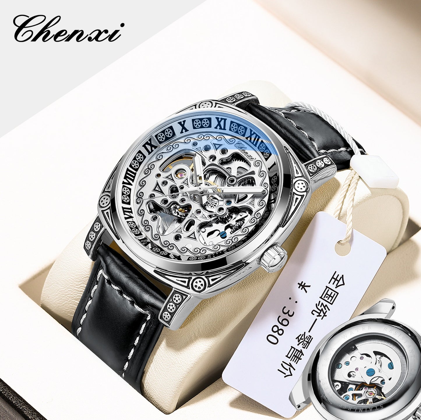 Vintage Engraved Mechanical Watch Men's Leather Waterproof Hollow-Out Fashion Style Men's Watch