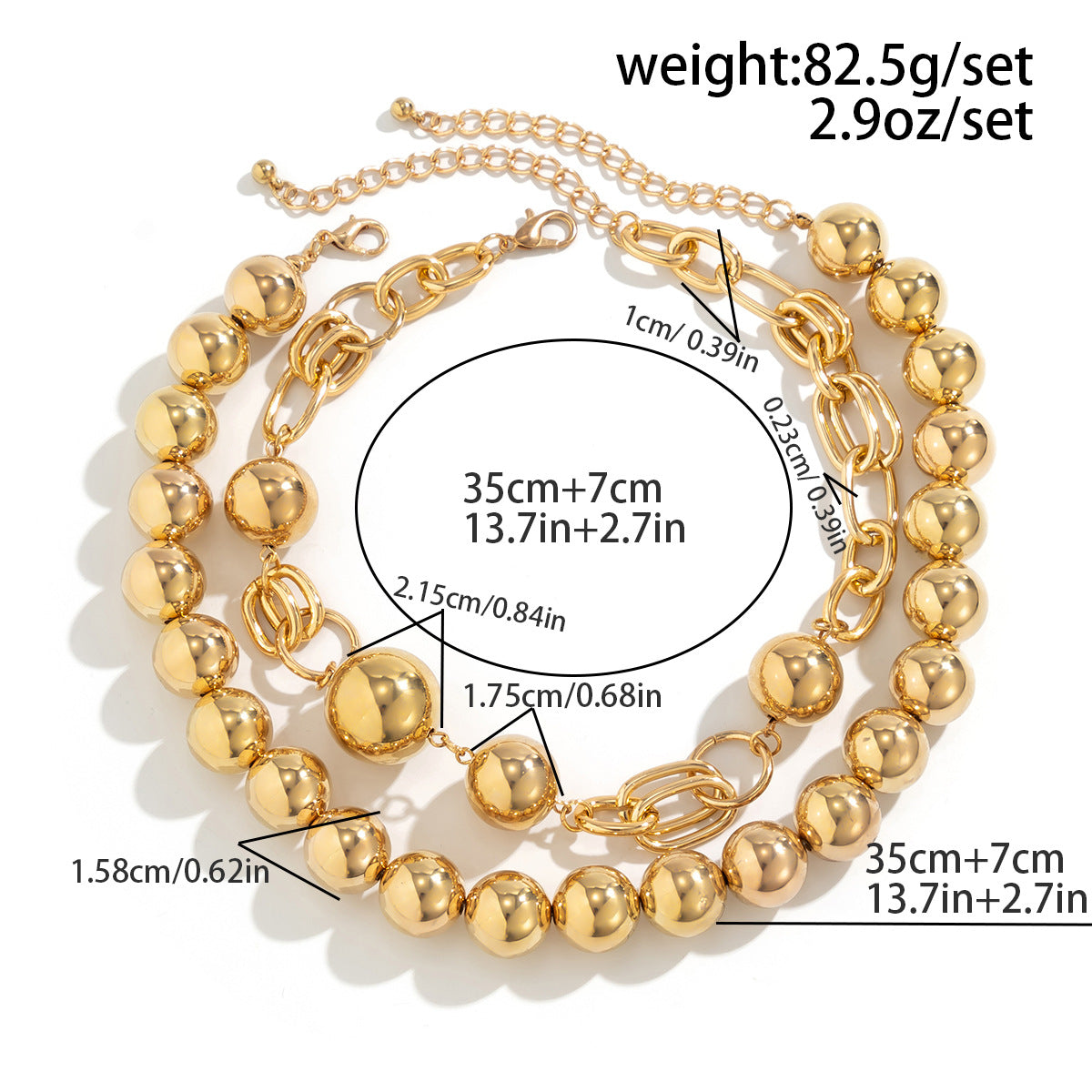 Creative punk style round bead double layered necklace necklaces with exaggerated metal chains