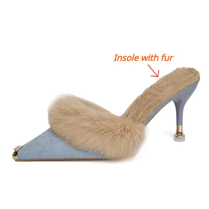 Women High Heel Shoes  Fur Slippers Mules Pointed Toe Furry Slides Fashion Elegant Luxury Designer Flip Flops Office Pumps