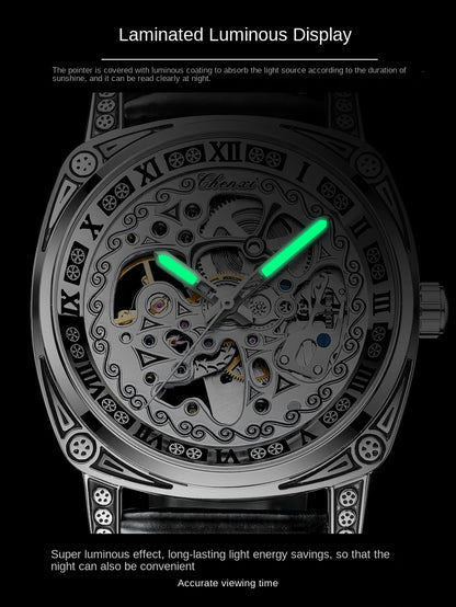 Vintage Engraved Mechanical Watch Men's Leather Waterproof Hollow-Out Fashion Style Men's Watch