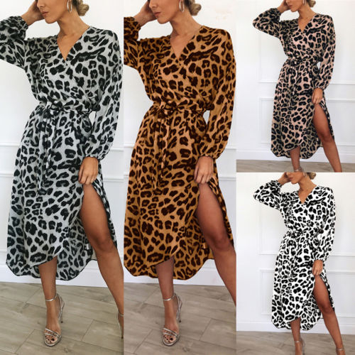 Women Wrap Leopard Printed Boho Long Maxi Dress Casual Bandage Bodycon Long Sleeve V Neck Loose Club Wear Dresses